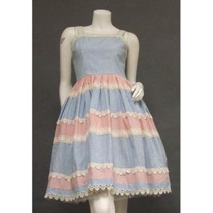 Pink & Blue Gingham VINTAGE Sun Dress Lace Trim
